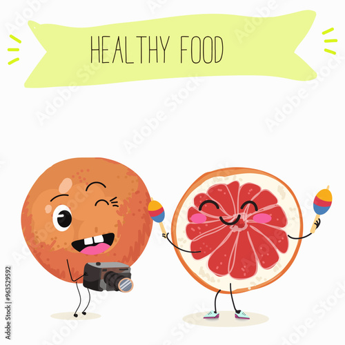 Funny fruity grapefruit characters. Comic elements, hand drawn style. Vector illustration for stickers, posters, prints. Funny fruits.