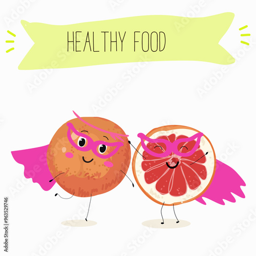 Funny fruity grapefruit characters. Comic elements, hand drawn style. Vector illustration for stickers, posters, prints. Funny fruits.