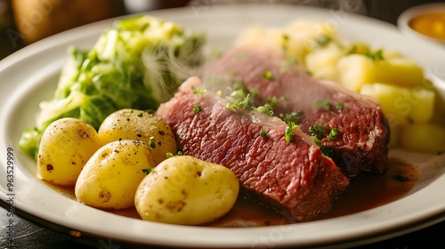 Close-up of a plate with corned beef, potatoes, and cabbage.