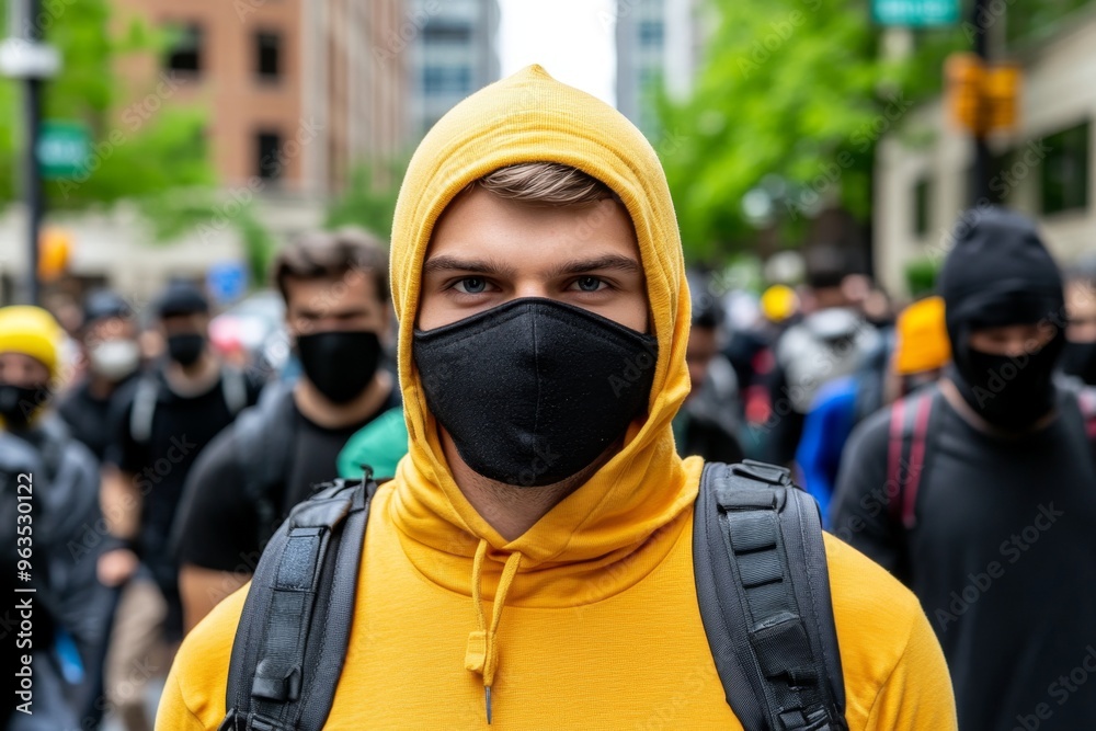 Masked man disappearing into a crowd with swift, calculated steps, vanishing without a trace as chaos erupts Masked man disappearing into a crowd with swift, calculated steps, vanishing without a trace as chaos erupts