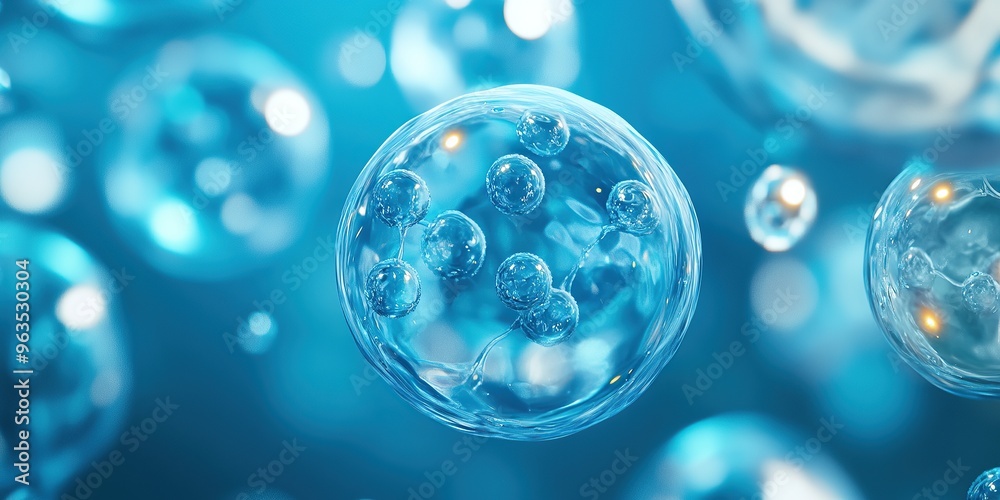 Close-up of an artificial cell or futuristic human cell, viewed from above, with a blue color background