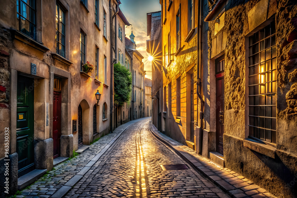 Fototapeta premium A narrow cobblestone street with a sun shining on it. The street is lined with buildings and has a few potted plants
