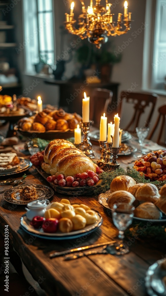 Old wooden table set with traditional Hanukkah foods, historical artifacts decorating the room, [Hanukkah feast], [historical setting]