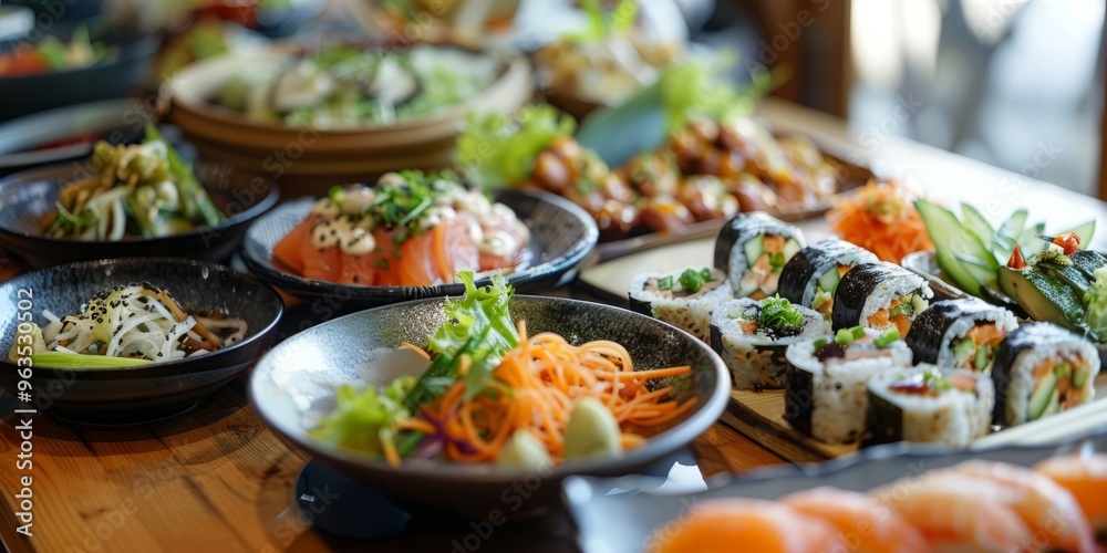 Obraz premium High angle close up of a selection of vegetarian Japanese foods in a cafe.