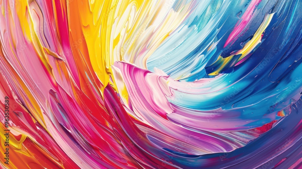 Fototapeta premium Closeup of an abstract background featuring colorful oil paint smears, offering a rough, textured surface with a rainbow of hues for artistic and design concepts.