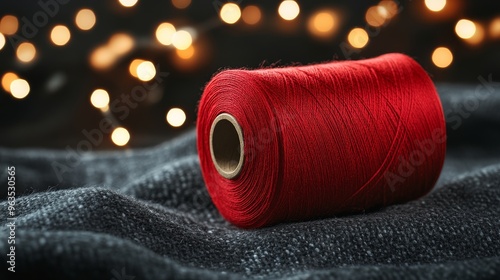 Stacks of vibrant red thread on a BOKEEH background, perfect for sewing, crafts, and holiday decor. photo