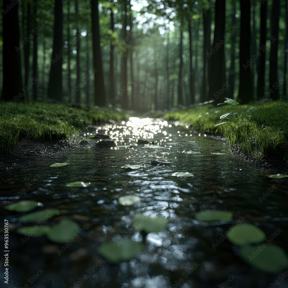 Fototapeta premium Tranquil forest glade with a bubbling stream, realistic and inviting for promotional material