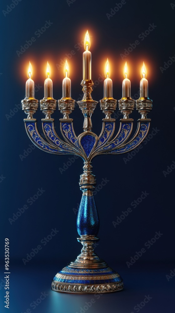 Hanukkah menorah with glowing candles, minimal 3D Blender style, historical festival theme, bright blue and silver, isolated background Hanukkah menorah with glowing candles, minimal 3D Blender style, historical festival theme, bright blue and silver, isolated background