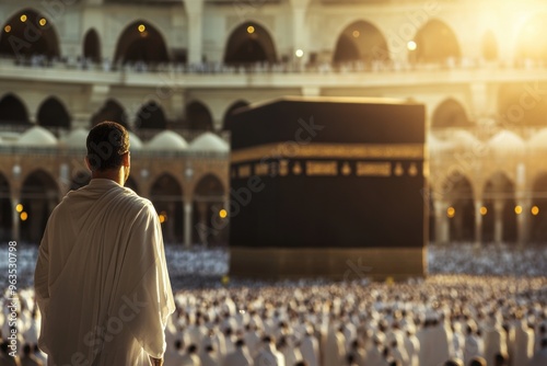 Pilgrim Facing Kaaba During Hajj In Mecca Reflecting Faith And Devotion At Sunrise photo