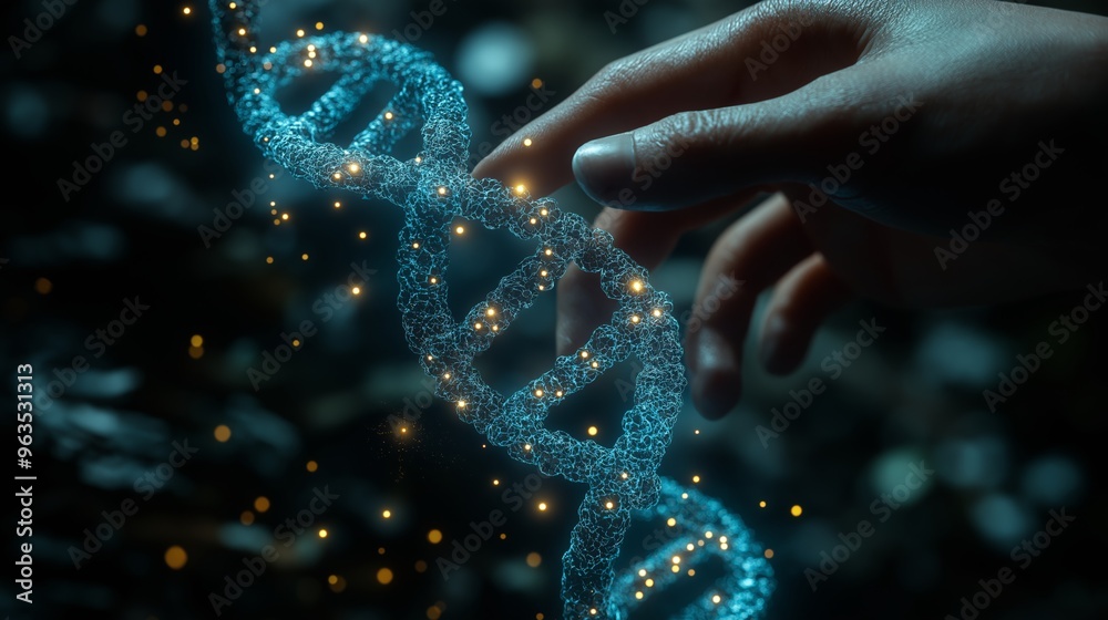 Hand Reaching Towards a Glowing DNA Strand, Representing Genetic ...