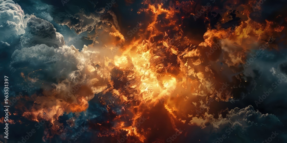 Fiery Explosion in Dark Clouds. AI generated illustration Fiery Explosion in Dark Clouds. AI generated illustration