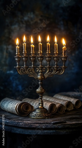 Hanukkah menorah casting golden light on ancient Hebrew scrolls, historical Jewish culture, [Hanukkah menorah], [ancient history]