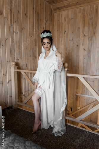 Wallpaper Mural Elegant Bride in Satin Robe with Intricate Tiara in Rustic Wooden Interior Torontodigital.ca