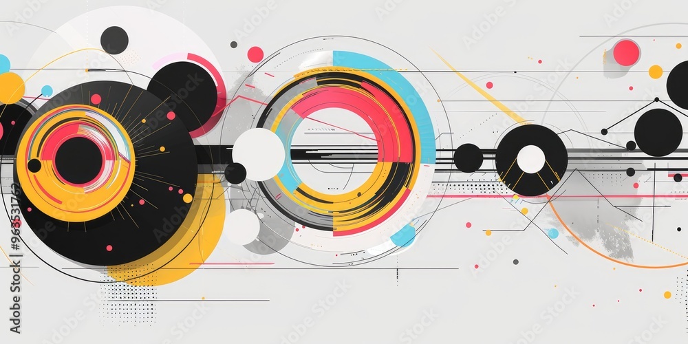 Obraz premium Geometric Background with Colorful Circles and Lines on Black and White. AI generated illustration