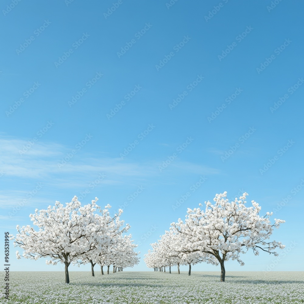 Realistic orchard with blossoming trees and a sunny sky, beautiful and ideal for promotional use Realistic orchard with blossoming trees and a sunny sky, beautiful and ideal for promotional use