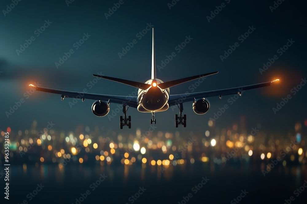 An airplane is seen flying over a city at night, with the city lights ...