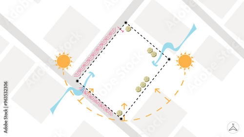 architecture site analysis symbol icon element drawing graphic flat isolated vector. architecture element line sun wind sound sun path vegetation.