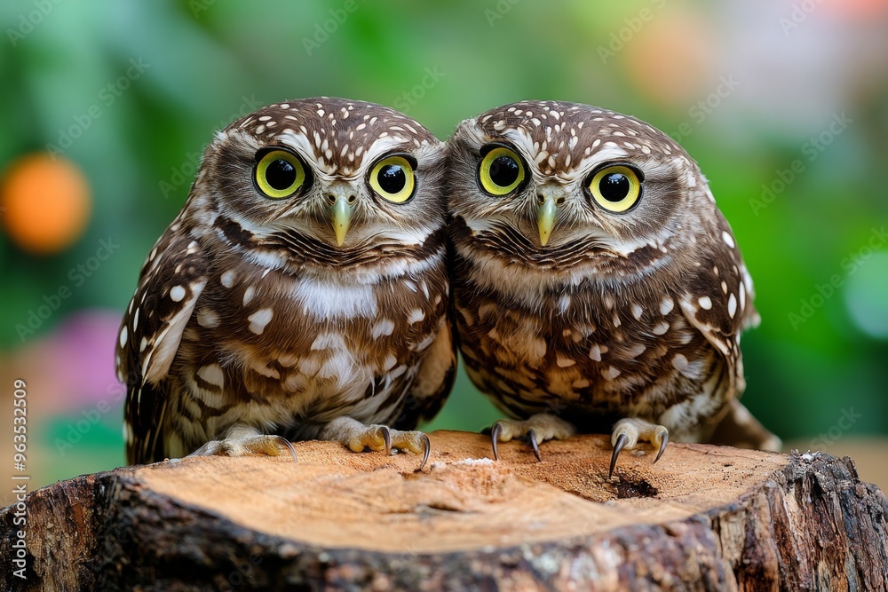 Owls perched on a tree stump, gazing at the campfire their wide eyes reflecting the orange glow, watching silently from their high perch Owls perched on a tree stump, gazing at the campfire their wide eyes reflecting the orange glow, watching silently from their high perch