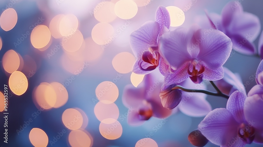 Naklejka premium Purple orchids with bokeh lights at dusk