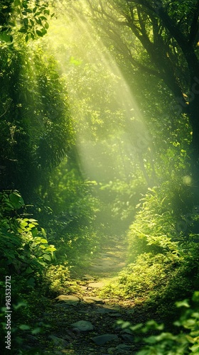 A Tranquil Healing Forest Path Bathed in Soft Sunlight With Lush Greenery All Around