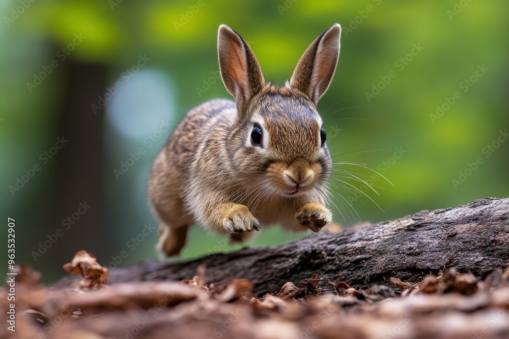 Rabbit bounding over a fallen log, quick and nimble as it escapes into the forest, disappearing into the underbrush