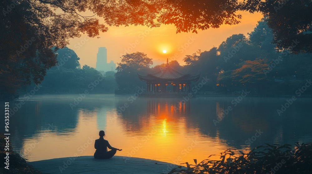 Woman meditating by a lake at sunrise, with a pagoda in the background. Woman meditating by a lake at sunrise, with a pagoda in the background.