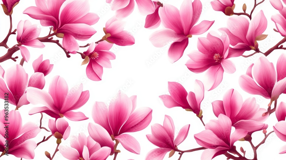 This pattern features pink magnolia flowers in a seamless design. The flowers are arranged in a way that creates a beautiful and delicate pattern. The pattern is perfect for use in a variety of applic This pattern features pink magnolia flowers in a seamless design. The flowers are arranged in a way that creates a beautiful and delicate pattern. The pattern is perfect for use in a variety of applic