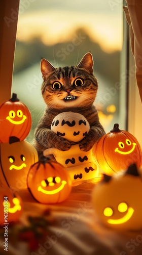 Adorable cat surrounded by cheerful pumpkins, creating a whimsical Halloween atmosphere filled with joy and warmth.