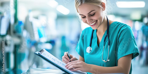 Young smiling nurse writes history in planner on blurred background of polyclinic with copy space, banner template photo