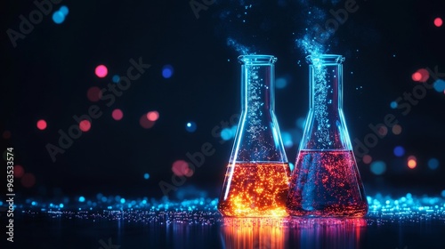 Two glass beakers filled with glowing liquid, creating a visually striking image that represents science, experimentation, discovery, and the unknown. The vibrant colors and dynamic composition evoke 