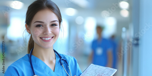 Young smiling nurse writes history in planner on blurred background of polyclinic with copy space, banner template photo