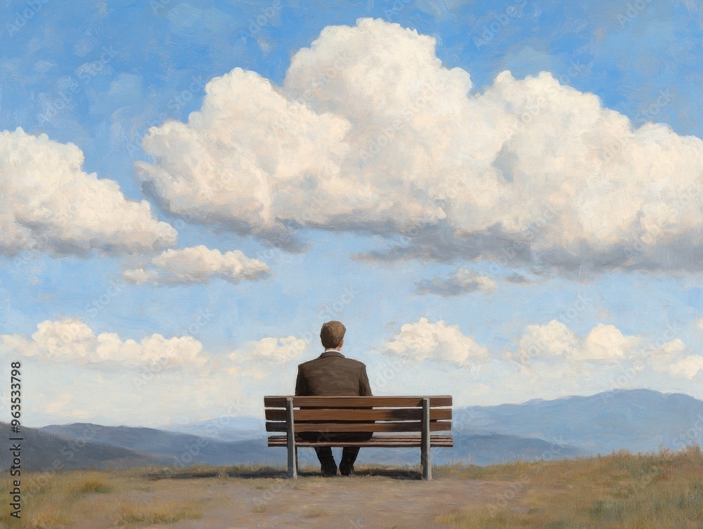 A figure sitting on a bench looking at a desolate landscape, [loneliness], [contemplation of life's emptiness]