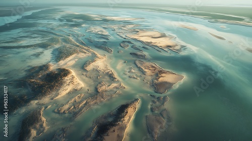 A river delta overtaken by saltwater intrusion, where brackish water has replaced freshwater, representing the impacts of rising sea levels on coastal ecosystems.