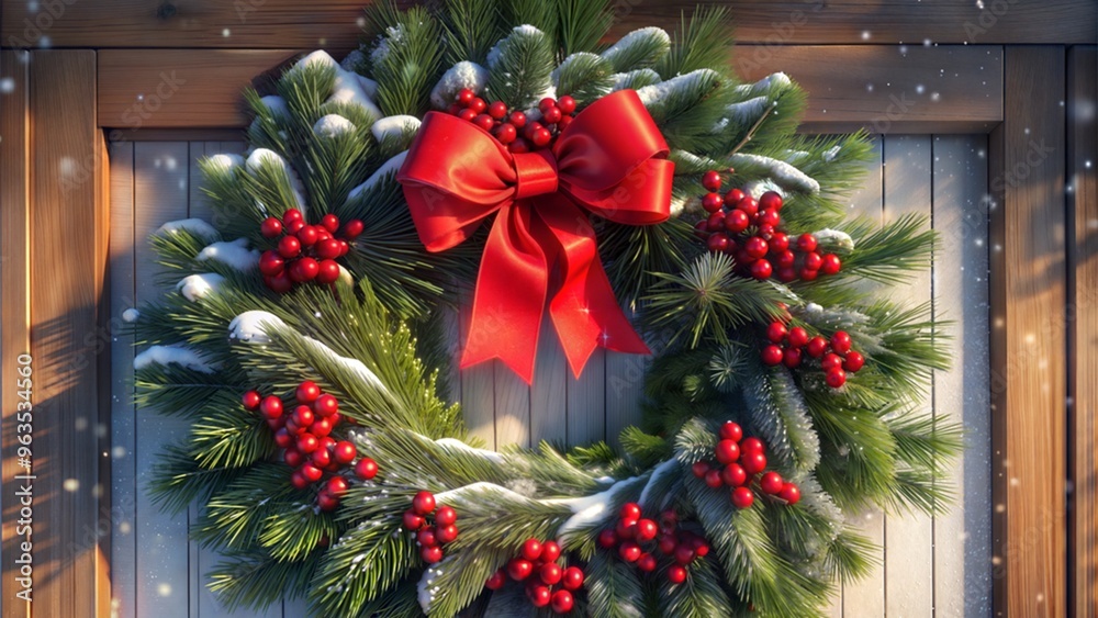 A traditional Christmas wreath elegantly decorated with a red bow and berries on the background of a wooden door A traditional Christmas wreath elegantly decorated with a red bow and berries on the background of a wooden door