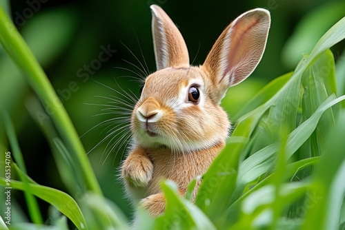 Rabbit twitching its tail, ready to dash away at the first sign of danger in the tall grass