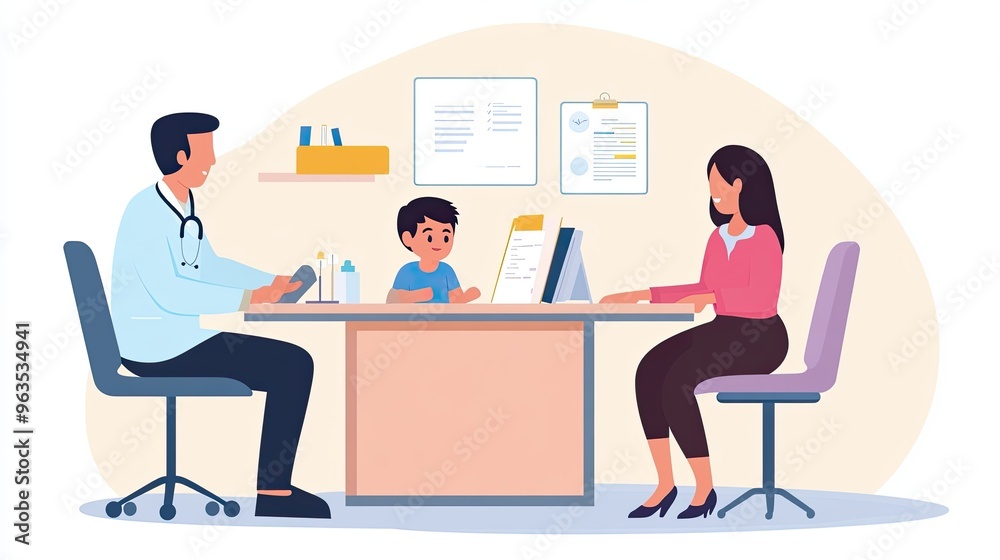 Parents Consult Doctor at Office to Discuss Children's Health and Care Strategies Parents Consult Doctor at Office to Discuss Children's Health and Care Strategies