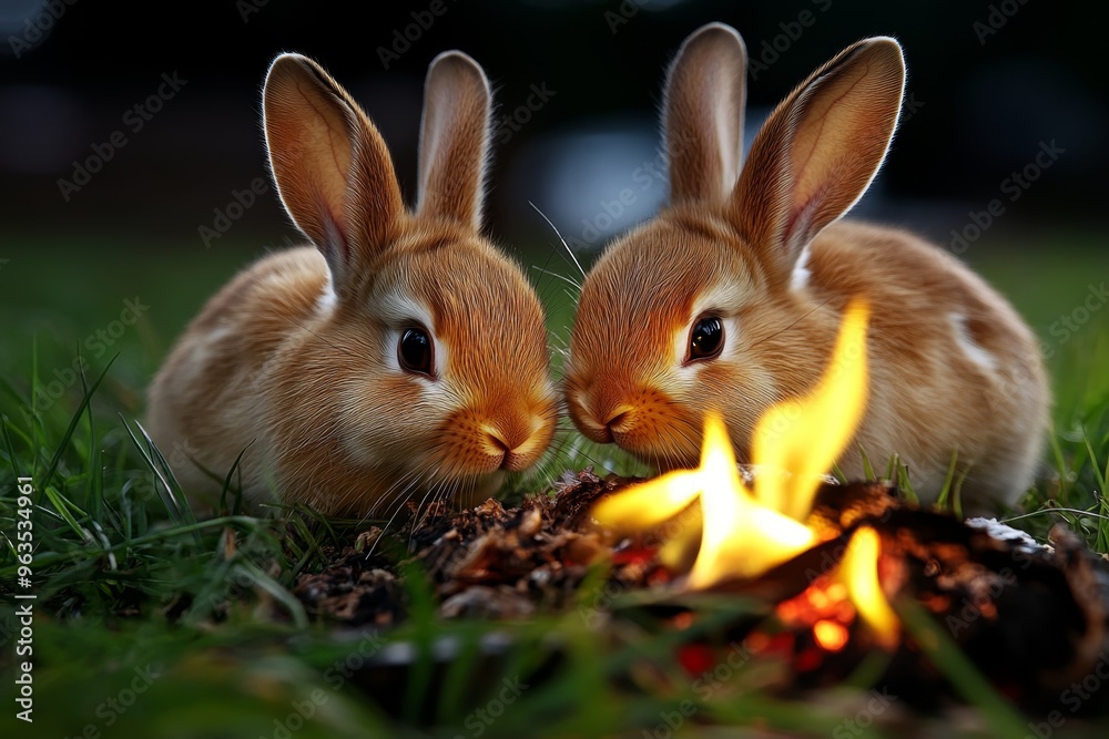 Rabbits hopping near the camp, nibbling on grass under the cover of darkness, undisturbed by the glowing fire