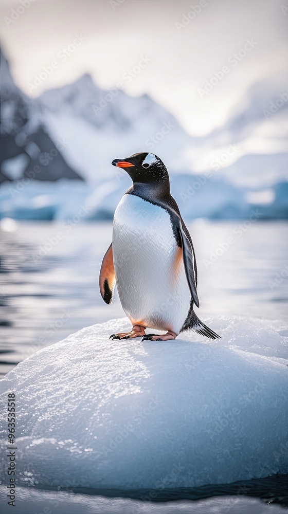 Fototapeta premium Regal Penguin Stands on Rugged Ice as Sunlight Glints off the Icy Landscape