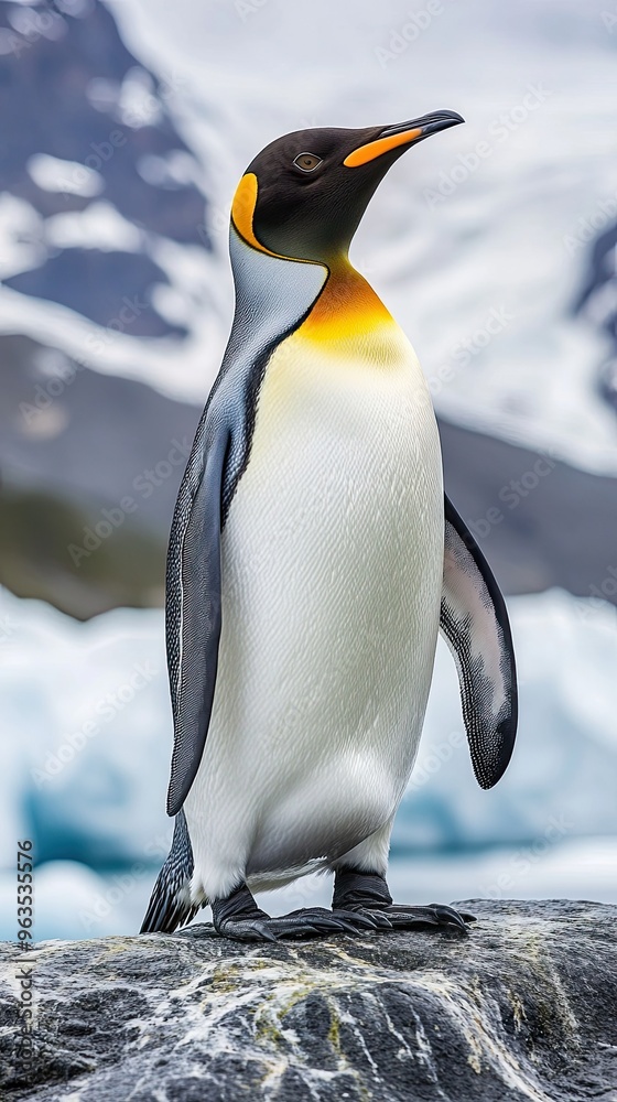 Obraz premium Majestic Regal Penguin on Rugged Ice Reflecting Sunlight in a Stunning Icy Landscape