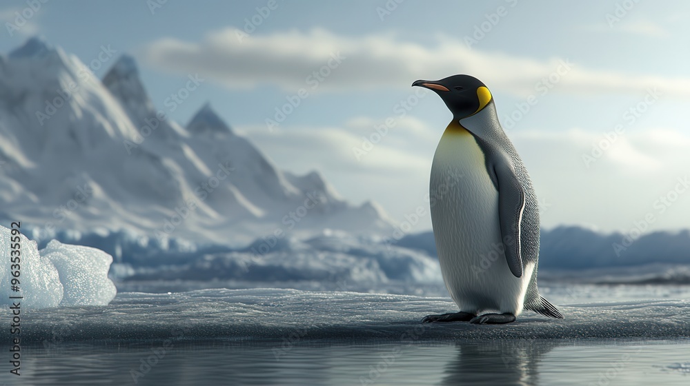 Fototapeta premium Regal Penguin Stands on Rugged Ice Under Sunlight, Reflecting a Majestic View in Antarctica