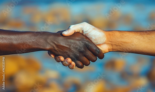 Unity in Diversity: Close-up of a Multiracial Handshake Against a Vibrant Fall Background, Symbolizing Friendship and Cooperation