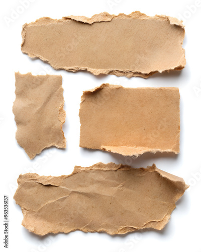 High-Resolution Image of Brown Ripped Paper Pieces on a Clean White Background - Ideal for Creative Collage Designs, Texture Overlays, and Artistic Backgrounds - Perfect for Graphic Design Projects.