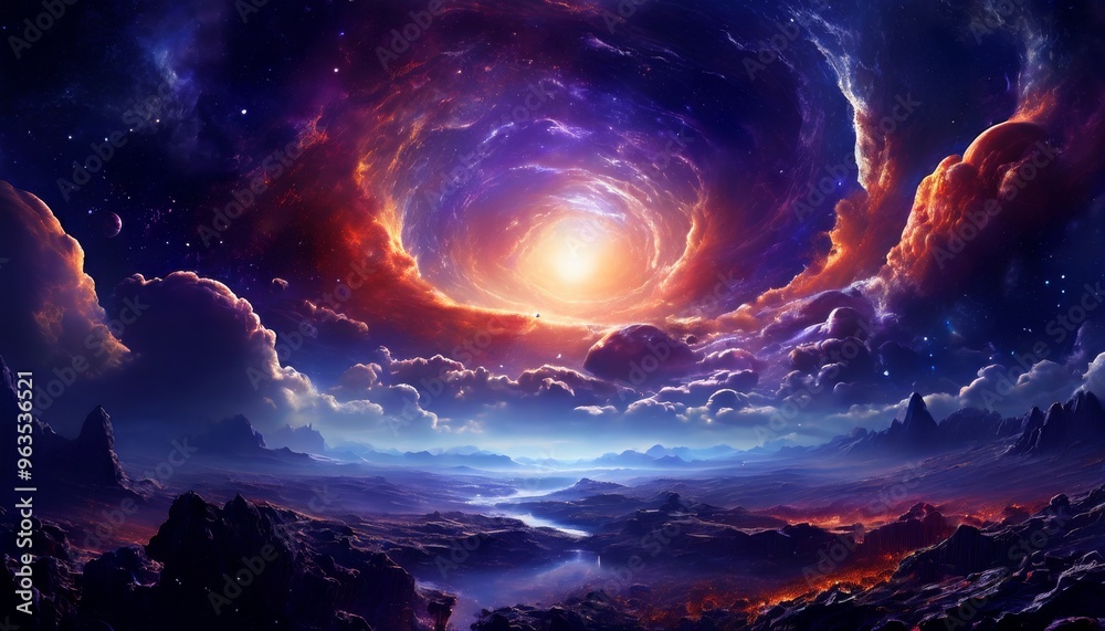 A cosmic vortex swirling over an alien landscape, featuring dramatic clouds and vibrant celestial colors. The scene is otherworldly and awe-inspiring, perfect for science fiction and fantasy themes A cosmic vortex swirling over an alien landscape, featuring dramatic clouds and vibrant celestial colors. The scene is otherworldly and awe-inspiring, perfect for science fiction and fantasy themes