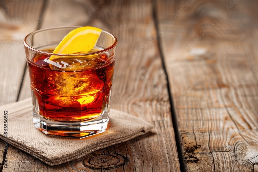 Sazerac cocktail in New Orleans on wooden table with space Sazerac cocktail in New Orleans on wooden table with space