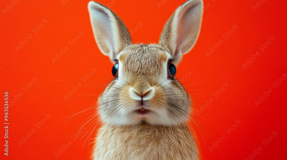 Obraz premium Rabbit facing camera on orange background, studio