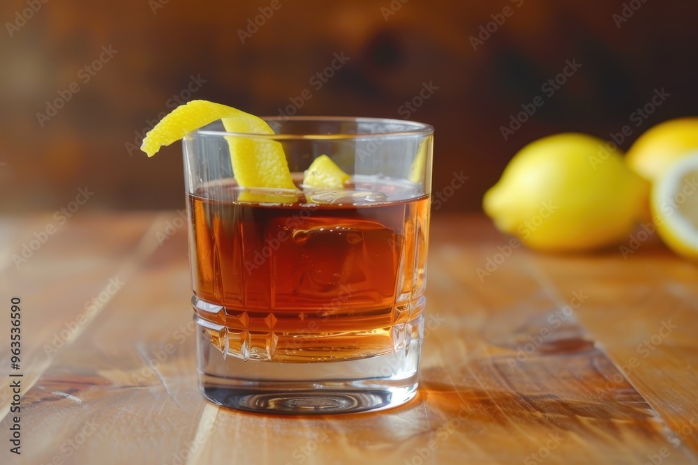Sazerac cocktail with lemon on table Sazerac cocktail with lemon on table
