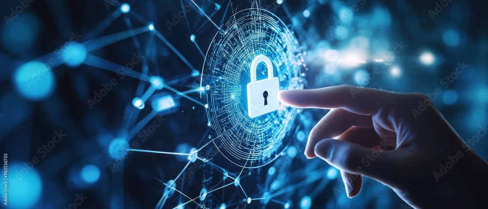 Naklejka premium Hand Interacting with a Digital Lock Icon on a Network Background