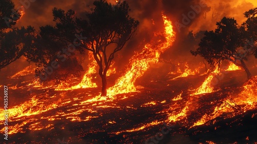 Wildfires raging uncontrollably across a parched forest, representing the escalating threat of fires in a warming world, with flames consuming everything in their path.