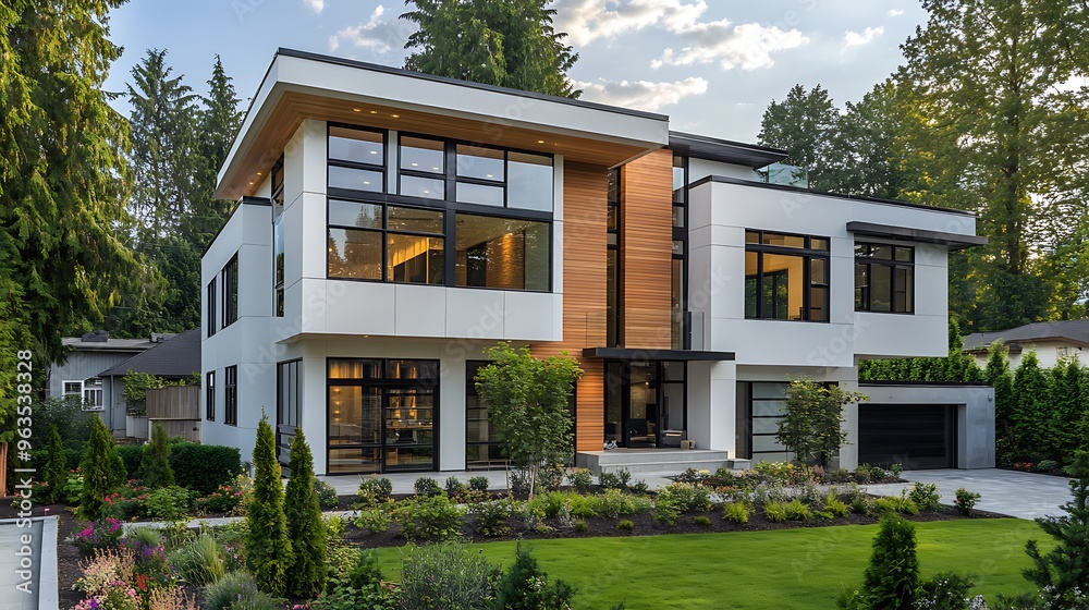 Modern two-story house with large windows, white walls, and wooden accents, featuring an underground parking lot on one side.