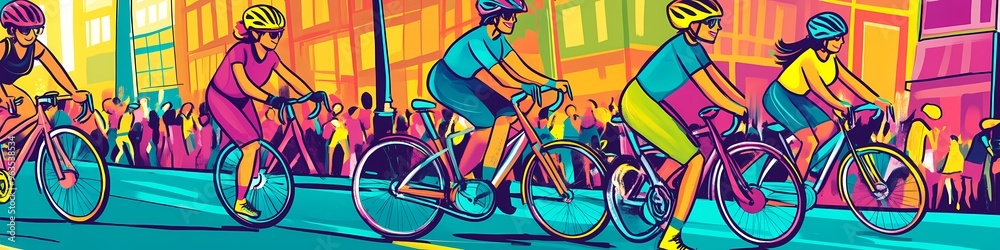 Fototapeta premium Colorful Cyclists Riding Bikes in the City